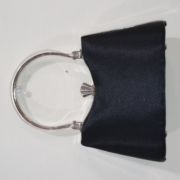 Black Poi De Soie Black Satin with Silver Trim Structured Evening Bag - Picture 2 of 12